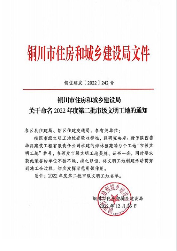 陕煤建设咸阳分公司承建的铜川福利院项目荣获“市级文明工地”称号